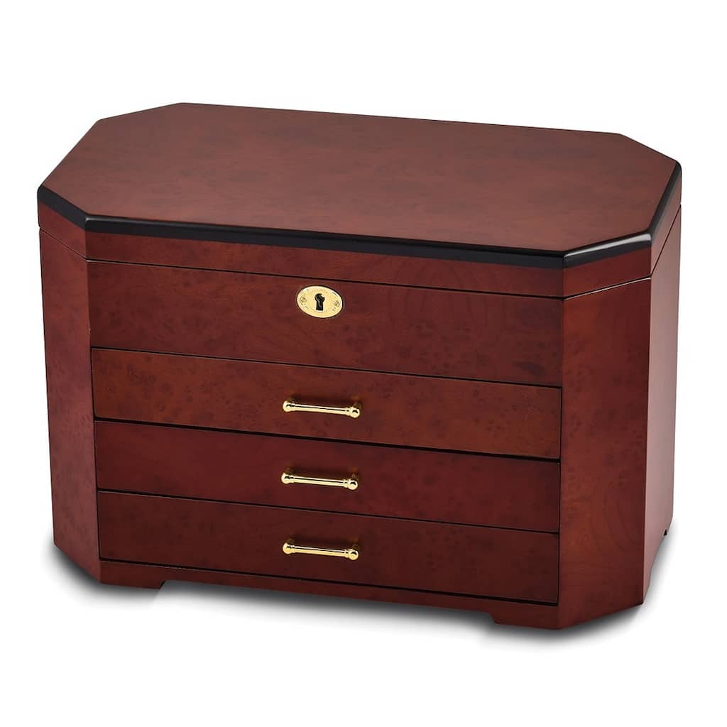 Curata Luxury Giftware High Gloss Burlwood Veneer with Black Accents 3-Drawer Locking Wooden Jewelry Box