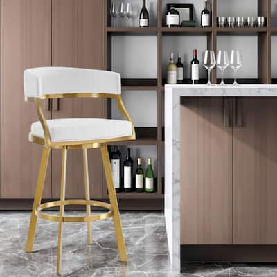 HomeRoots 30" White and Gold Faux Leather and Stainless Steel Low Back Bar Height Swivel Bar Chair