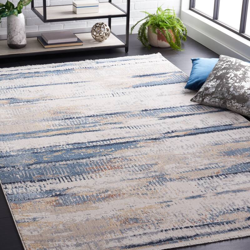 SAFAVIEH Bayside Machine Washable Shahnoza Modern Abstract Rug - 4' x 6' - Blue/Gold