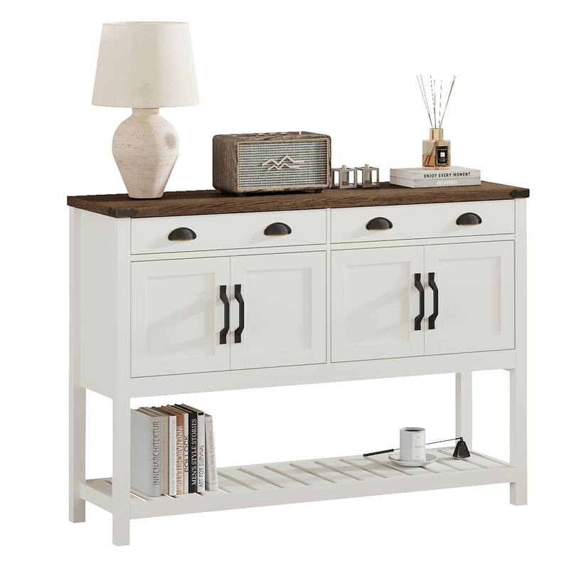 47'' Modern Farmhouse Console Storage Table - Two Drawers, Four-Door Cabinet with Adjustable Shelves & Slatted Display Shelf