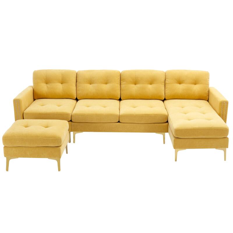 Convertible L-Shaped Velvet Sectional Sofa with Movable Ottoman and Gold Metal Legs for Living Room