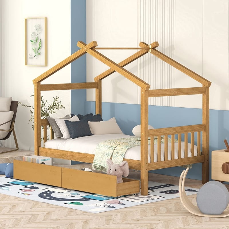 Twin Size Wooden House Bed with 2 Drawers