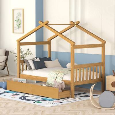 Twin Size Wooden House Bed with 2 Drawers