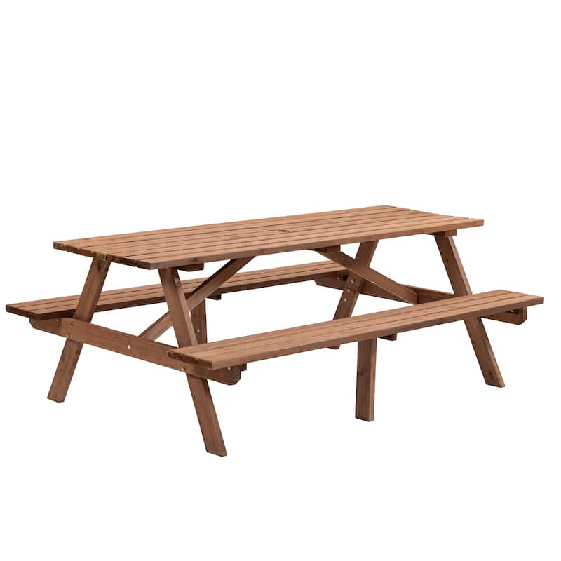 8 Person Wooden Picnic Table with 2 Benches and Umbrella Hole