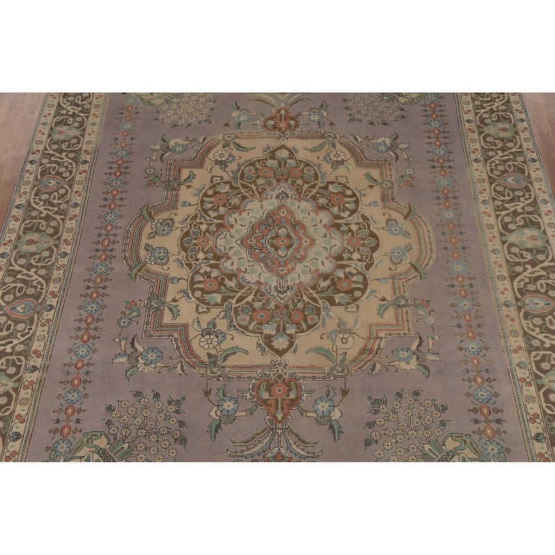 Gray Geometric Tabriz Persian Vintage Area Rug Handmade Wool Carpet - 9'10"x 12'11"