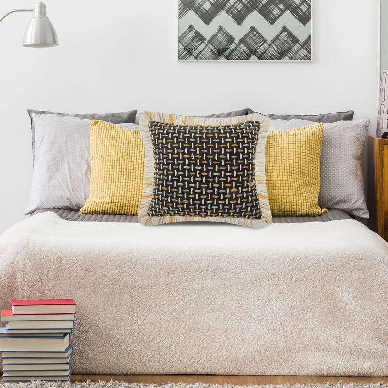Sevita Modern Interwoven Throw Pillow with Fringe - Polyester - Black/Gold/White