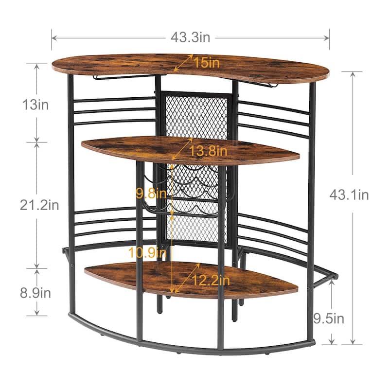 VECELO, 3-Piece Bar Table Set, Rustic Dining Room Pub Tables with Storage Shelf, 2 Back Barstools, Counter Height,