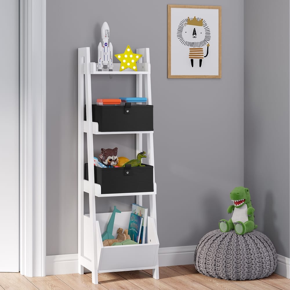 RiverRidge Kids 4-Tier 13in Ladder Shelf Toy Organizer with 3 Open Display Shelves - White with Two 5" Fabric Bins