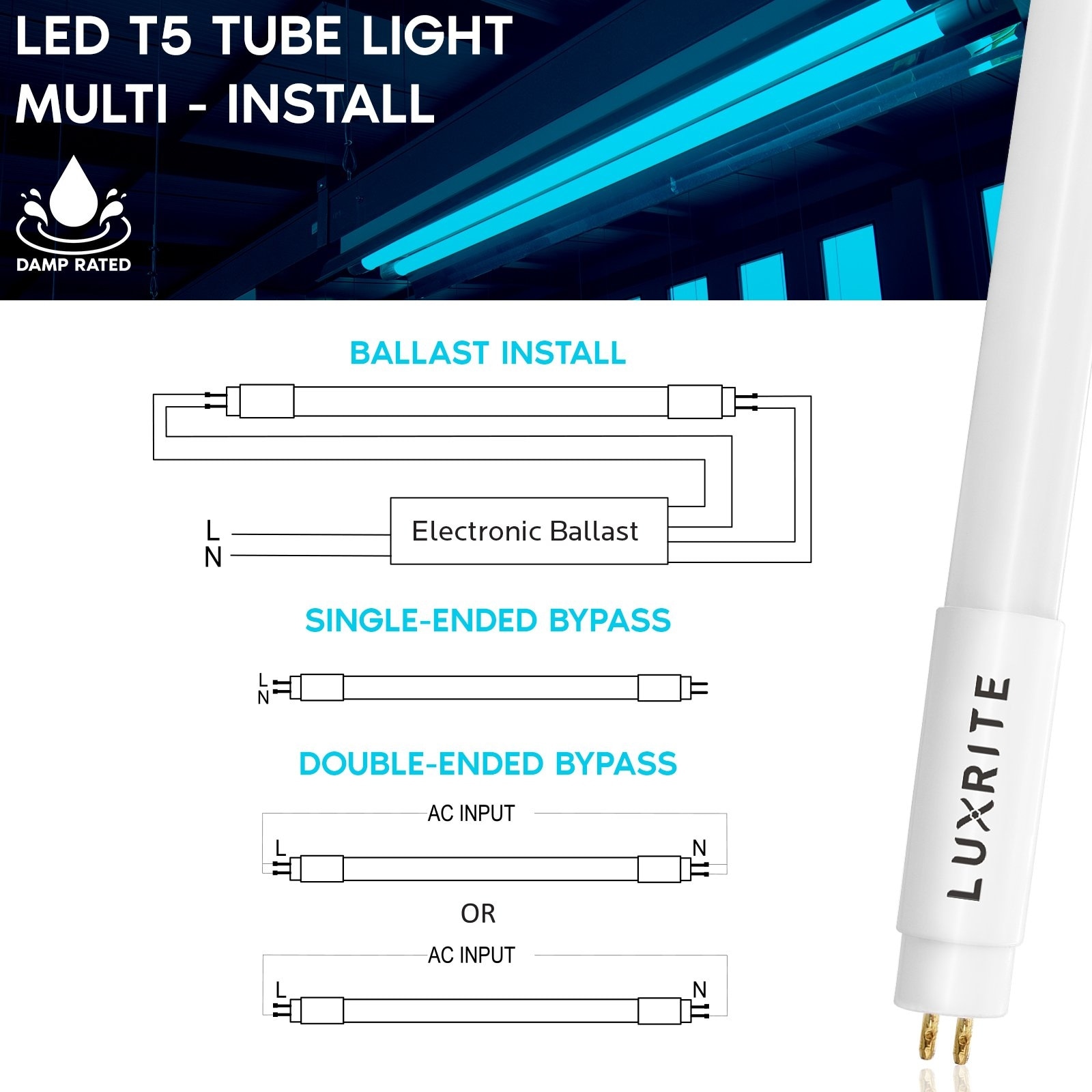 Luxrite 4FT T5 LED Tube Lights 24W=54W 3500K Natural White Ballast And ...