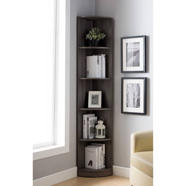 Q-Max 5-tier Wood Display Corner Bookcase - Distressed Grey