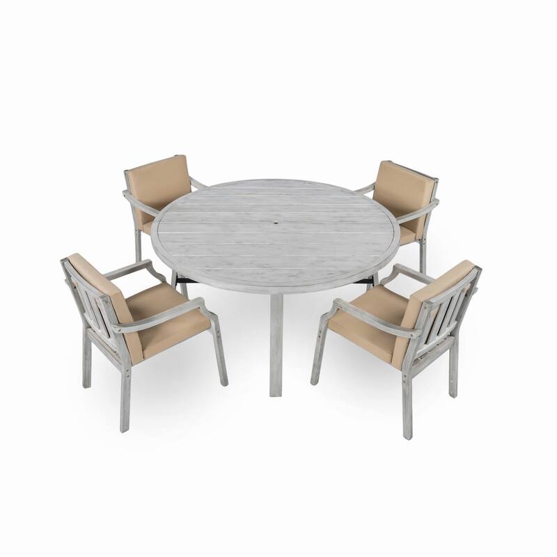 5-Piece Outdoor Wooden Dinning Set with An Umbrella Hole and Removable Cushions
