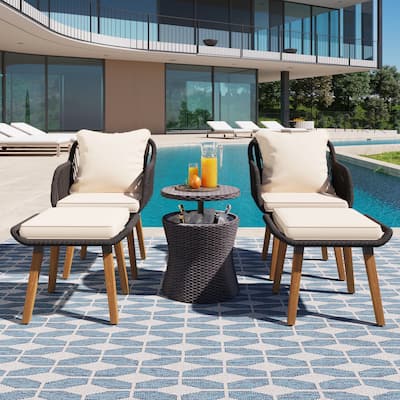 5-Piece Outdoor Rope Woven Patio Set with Acacia Wood Feet and Pop-Up Cool Bar Table - Modern Bistro Conversation Set