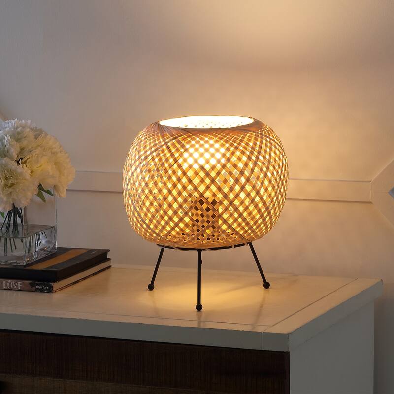 Chakrii 10.75" Bohemian Rustic Iron/Rattan LED Mini Table Lamp with Smart Bulb, Black/Brown by JONATHAN Y