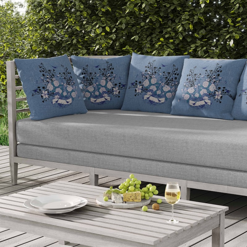Elegant Floral Bouquet Indoor/Outdoor Reversible Throw Pillow Blue and White