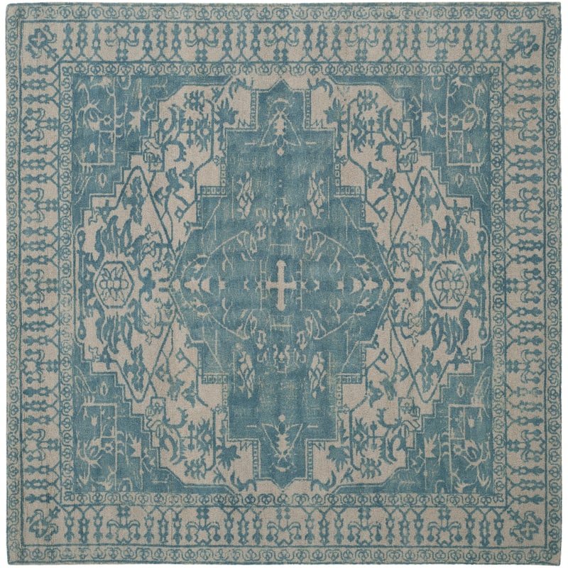 SAFAVIEH Handmade Restoration Vintage Boho Grisha Oriental Wool Rug - 6' Square - Ivory/Turquoise