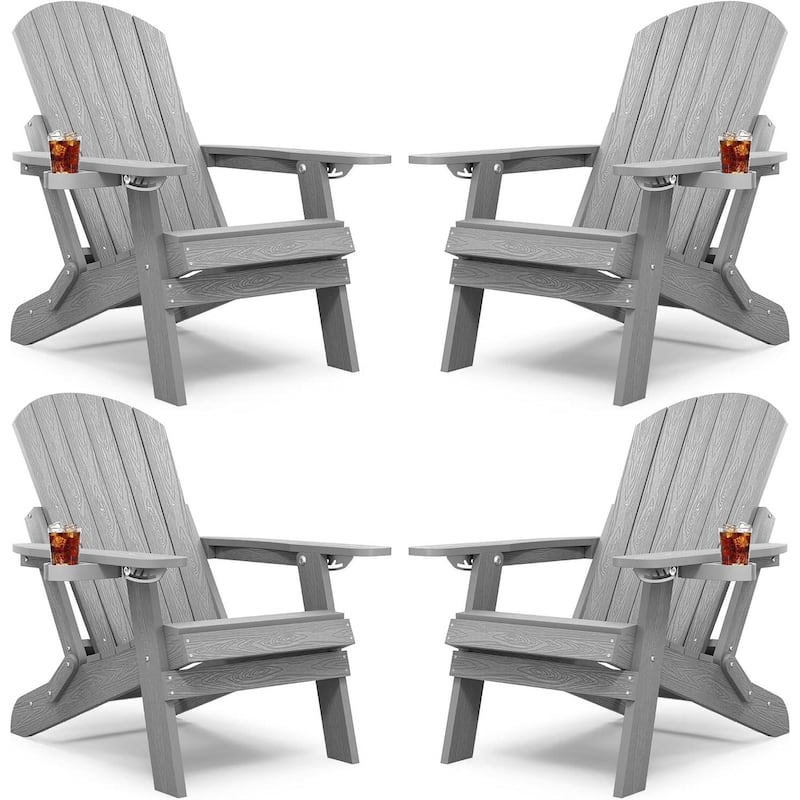 WINSOON All Weather HIPS Folding Adirondack Chair with Ottoman, 5-Gear Adjustable Backrest and Retractable Ottoman Set of 4