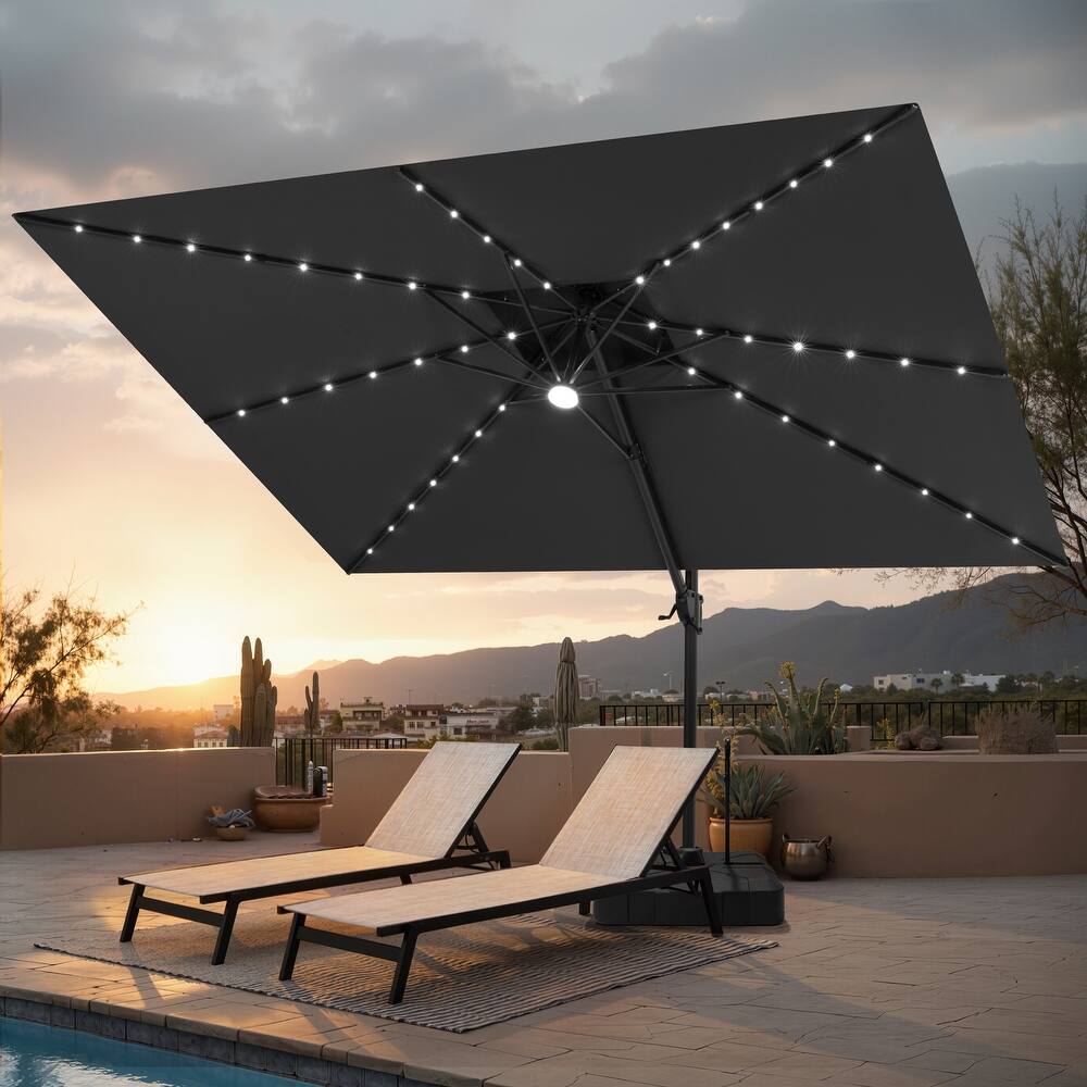 12 x 9 FT Outdoor Patio Cantilever Umbrella with Solar Lights Double Canopy 360 Rotation Tilt with Rod Wheel Base