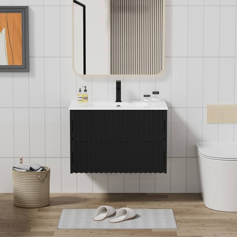Wall Mounted Bathroom Vanity Set Mid-Century Storage Cabinet with Ceramic Sink - 30 in - Black