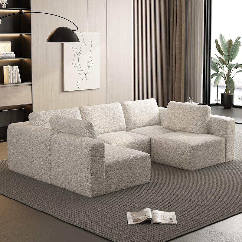 104.3" Yarn Fleece U-Shaped Sleeper Sectional Sofa with Ottoman - White