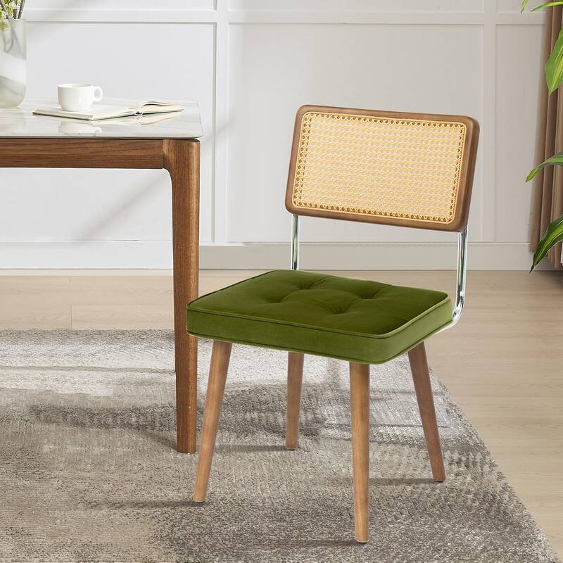 Natural Rattan Dining Chairs, Velvet Upholstered Kitchen Chairs with Tall Cane Backrest - Green - 1-SET