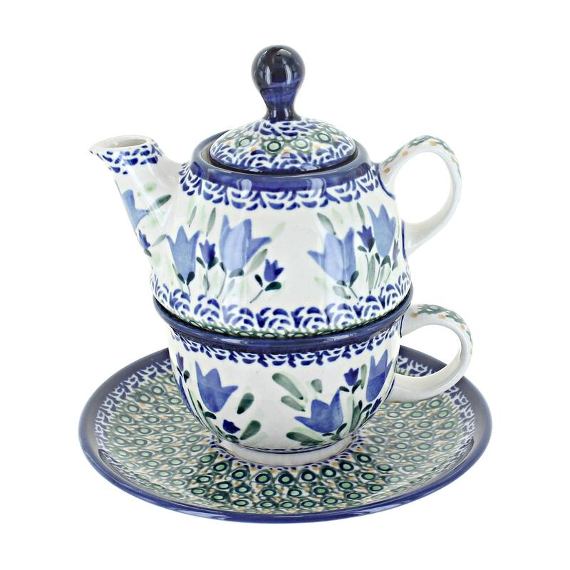 Blue Rose Polish Pottery 1148-775 Zaklady Individual Teapot & Cup - Blue Tulip