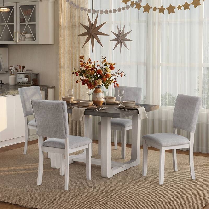 Rossetta 5-Piece Wood Transitional Farmhouse Style Dining Table Set with U-Shaped Trestle Base Table, 4 Upholstered Side Chairs