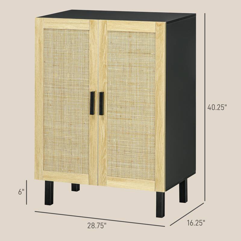 Sideboard Buffet Cabinet with 2-Rattan Doors, Adjustable Shelves, Boho Kitchen Storage Cabinet for Living Room, Black & Natural