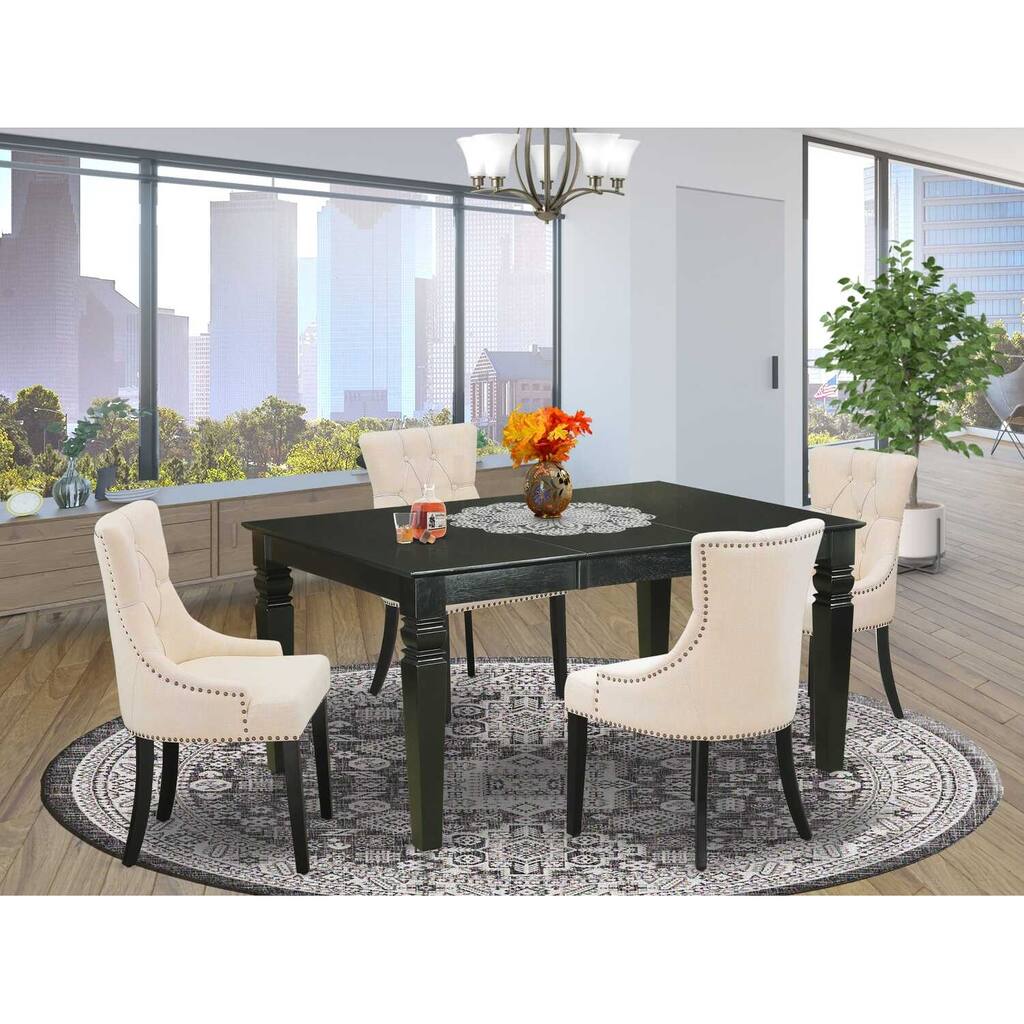 HomeStock 5-Piece Rectangle Black Finish Solid Wood Top Dining Table with 4-Parson Chair with Butterfly Leaf Lattice Back