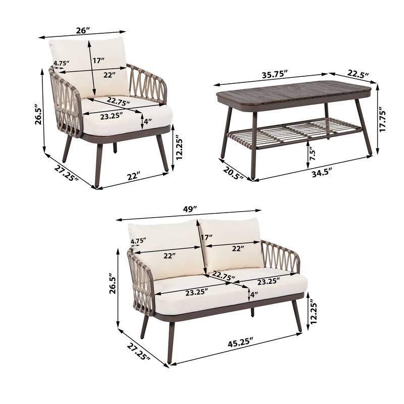 Modern 4-Piece Patio Conversation Set with Woven Rope Backrest, Acacia Coffee Table and Cushions, Outdoor Furniture