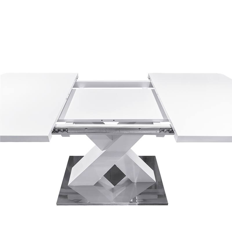 Modern Square Dining Table, Stretchable, with X-Shape Table Leg with Metal Base