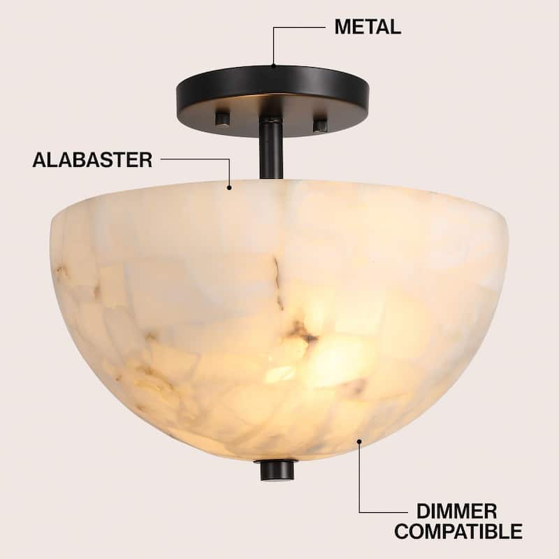 Jules 11.88" 2-Light Modern Alabaster/Iron Inverted Dome LED Semi Flush Mount, White Marbling/Brass Gold by JONATHAN Y