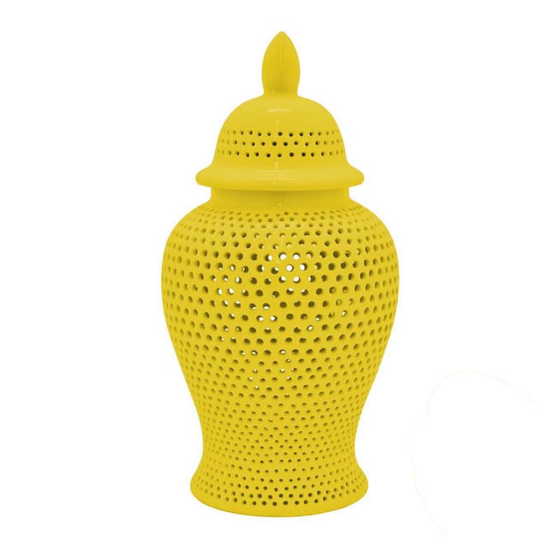 Deni 25 Inch Ginger Jar, Carved Cutout Lattice, Removable Lid, Yellow - Yellow
