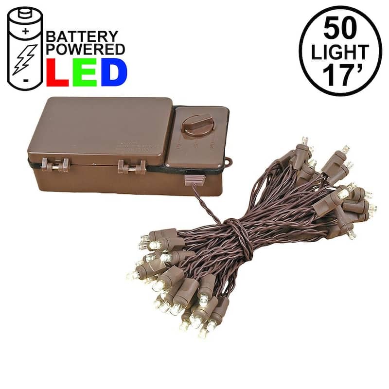 50 Light LED Battery Christmas Mini Light Set, Warm White, Brown Wire, 18' Long - Warm White