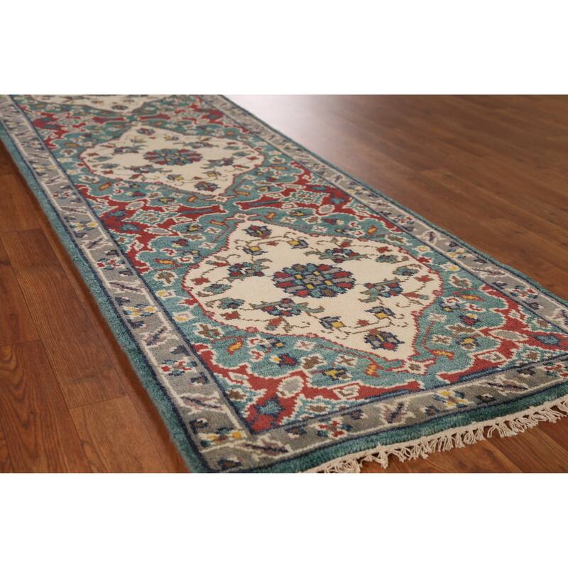 Heriz Serapi Indian Runner Rug Handmade Wool Carpet - 2'7" x 8'0" - Blue - 2'7" x 8'0"