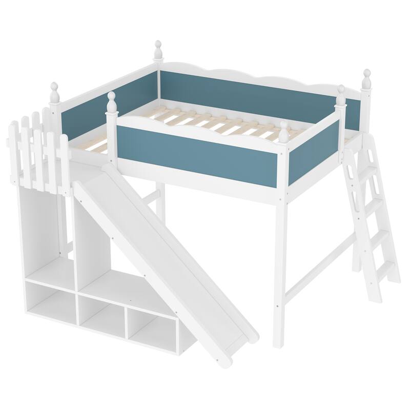 Full Loft Bed with Storage Shelves and Cabinet, Solid Wood Loft Beds with Detachable Slide and Ladders, No Spring Box Needed