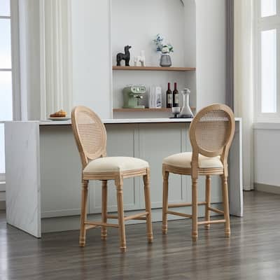 Classic French Wooden Bar Stools with Upholstered Seating Set of 2