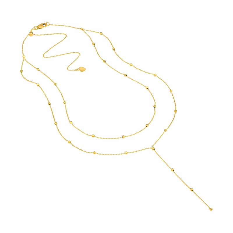 Curata 14k Yellow Gold Double Strand Bead Station Adjustable ChokerNecklace (Lobster), 17"