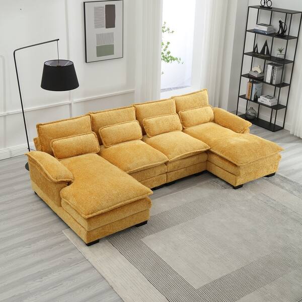 Chenille Upholstered UShaped Living Room Sectional Sofa With Wooden