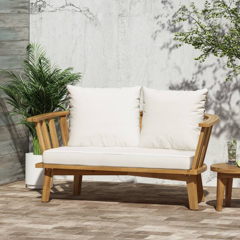 Outdoor Wooden Loveseat with Cushions - White/Teak - 55.50" W x 27.00" D x 25.50" H