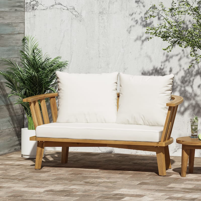 Roomfitters Outdoor Wooden Loveseat with Cushions, White and Teak Finish, Weather-Resistant Teak Wood