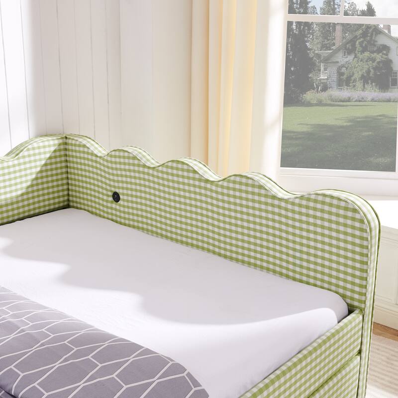 Full/Queen Gingham Daybed with 2 Storage Drawers, USB Port & Wave Shaped Linen Fabric