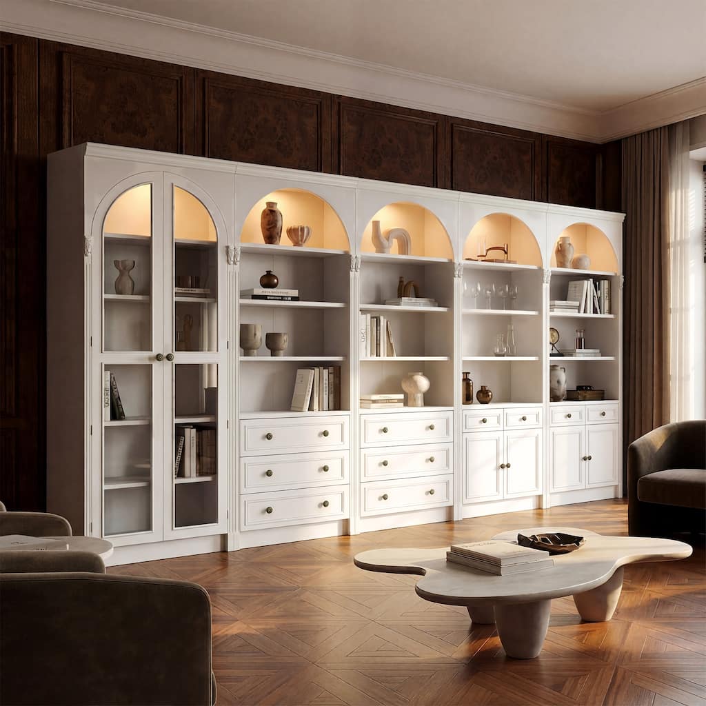 Modular White Bookcase with LED Lights & Glass Doors, 86.6" Tall Arched Display Cabinet Solid WoodStorage Cabinet