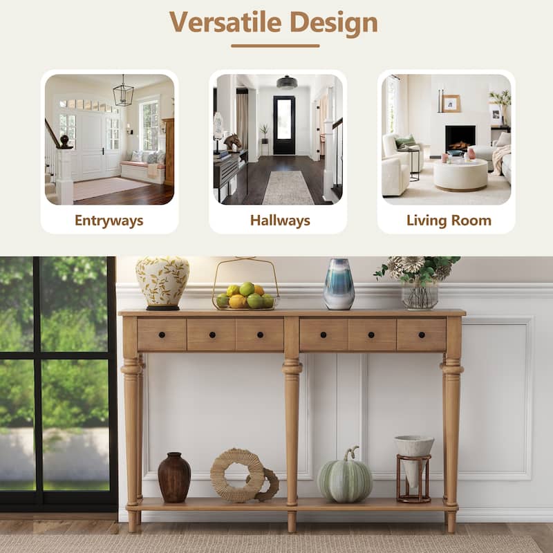 59.8" Rustic Entryway Console Table with 4 Drawers and Open Shelf, Retro Pine Veneer Hallway Accent Table