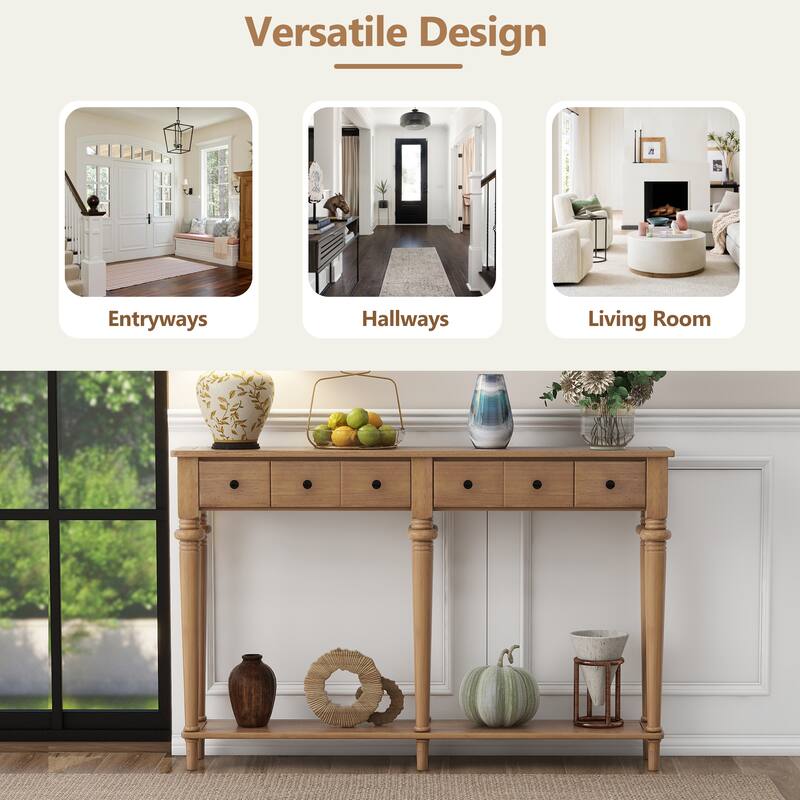 Versatile Hallway Table Old Pine Side Table with 4 Storage Drawers, Accent Table Sofa Table with Bottom Open Shelf