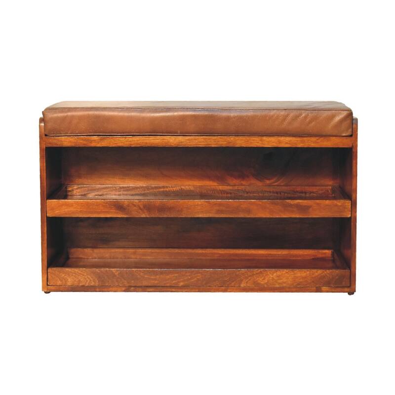 Artisan furniture solid mango wood ,Leather, Buffalo Hide Pull out Chestnut Shoe Storage Bench, Brown , 2 Shelf