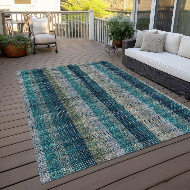 Machine Washable Indoor/ Outdoor Modern Plaid Chantille Rug - Teal - 3' x 5'