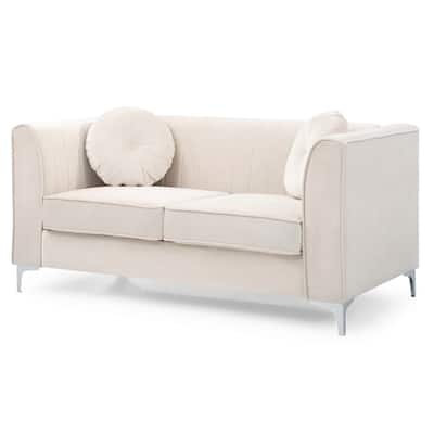Velvet Microsuede Channel Tufted Loveseat with Throw Pillows - 65" - Beige