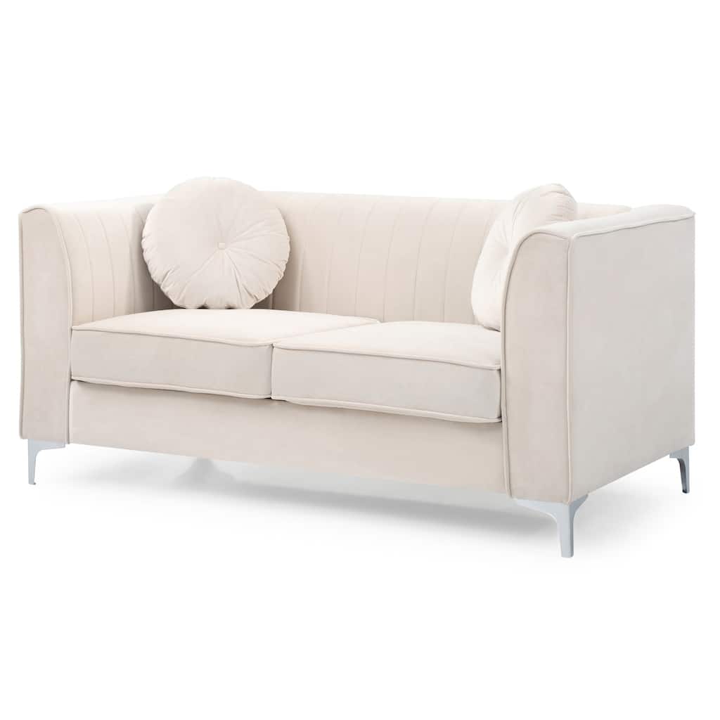 Velvet Microsuede Channel Tufted Loveseat with Throw Pillows - 65" - Beige