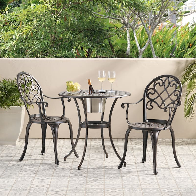 Christopher Knight Home Angeles Cast Aluminum Outdoor Bistro Set with Built-In Ice Bucket - Copper Finish