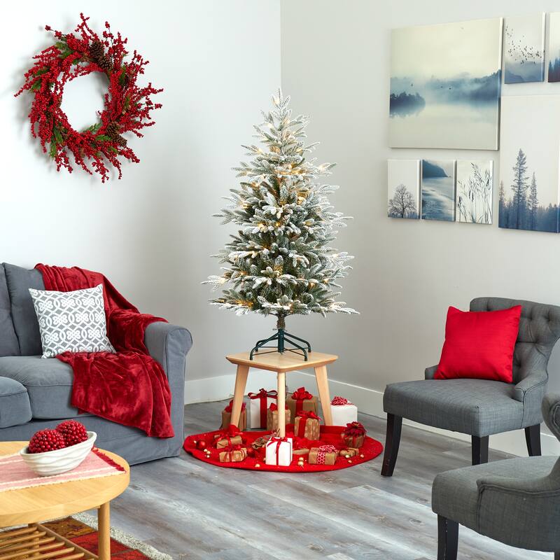 4.5’ Pre-Lit Flocked Manchester Artificial Christmas Tree, Warm Clear LED Lights - 4.5 Foot
